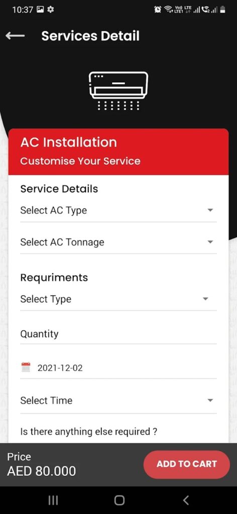 AC installation Mobile App Screen