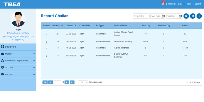 The record challan register, listing gate passes with type, vendor, and quantities