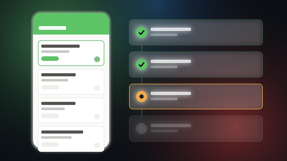 A phone showing skill-matched jobs, beside the four stages a worker moves through from applying to being paid
