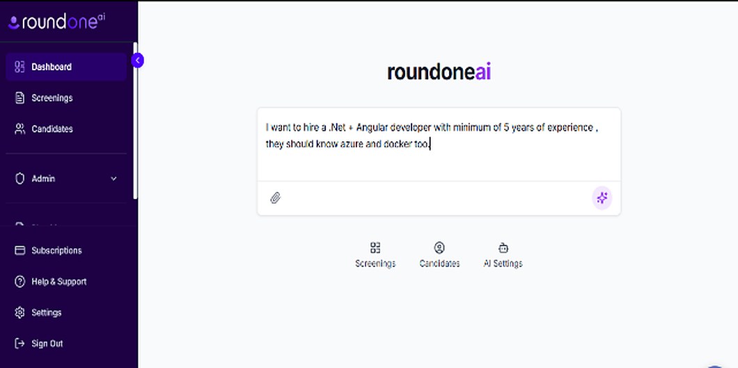 The RoundOne AI dashboard, with a hiring brief written in plain language