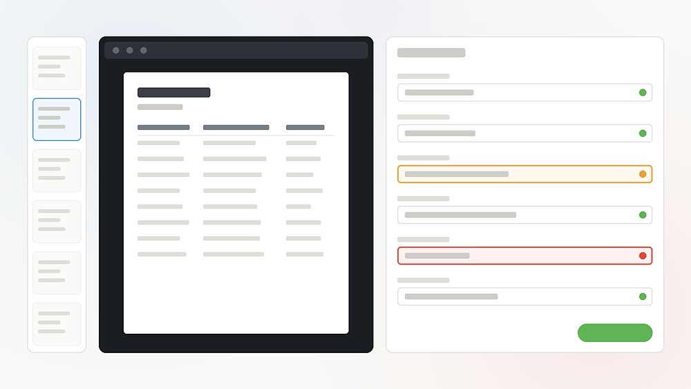 A three-pane QC desk: document queue, the document itself, and the extracted fields with confidence ratings