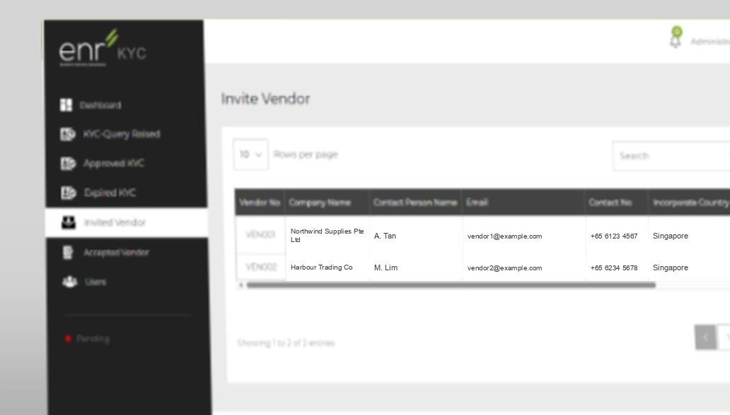 The invited vendors register, listing each vendor and their contact details